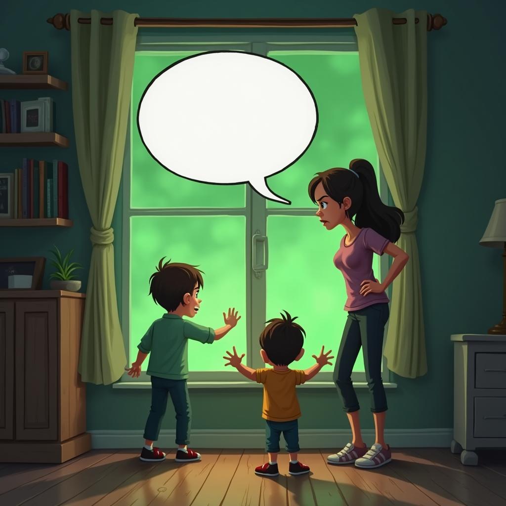 A scene inside a cozy house featuring a window obscured by mysterious green fog