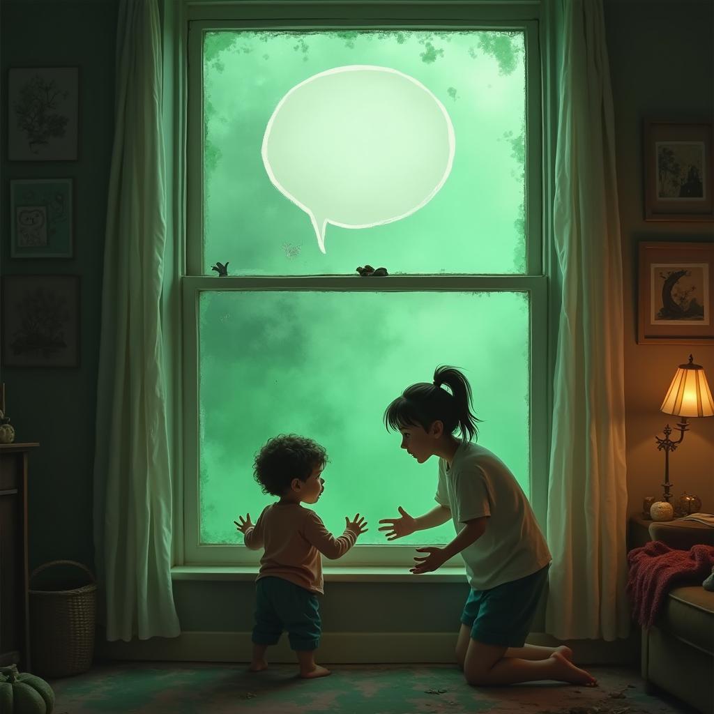 A tense scene inside a cozy house, featuring a window shrouded in mysterious green fog