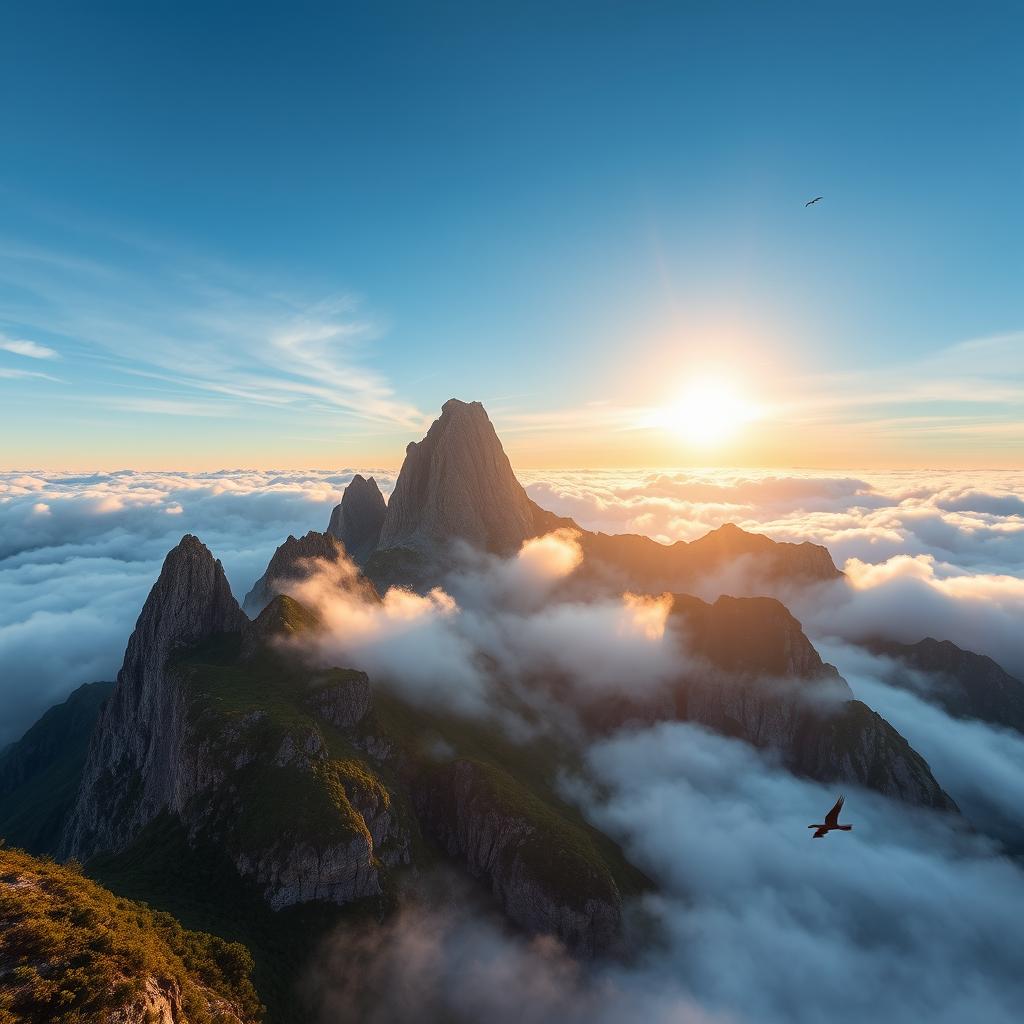 A breathtaking view of towering mountain peaks soaring high above the clouds, with lush greenery at the base and a stunning blue sky