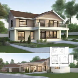 A house plan showcasing a simplistic design featuring three bedrooms, a kitchen connected to the dining room, and entrances from both the front and the back of the house.