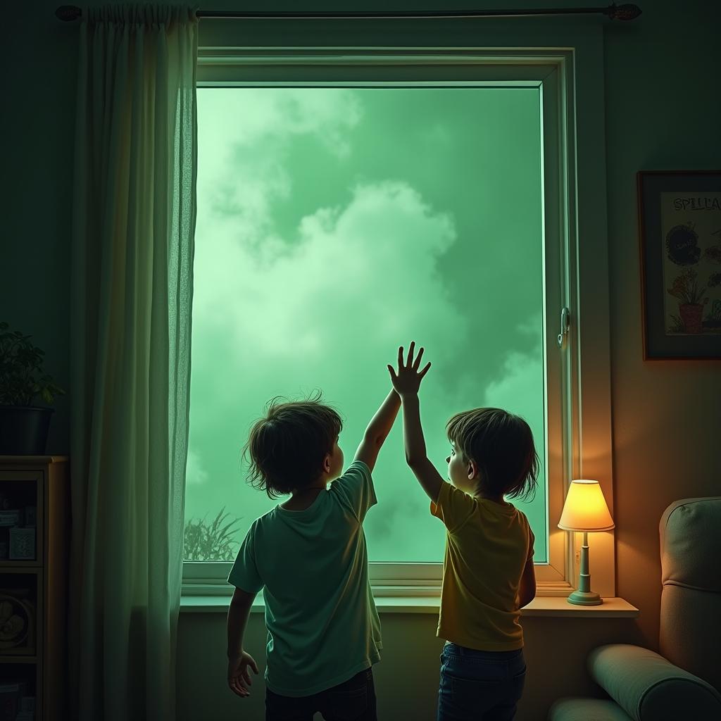 A window in a cozy house depicting thick green fog billowing outside, creating a haunting yet fascinating scene