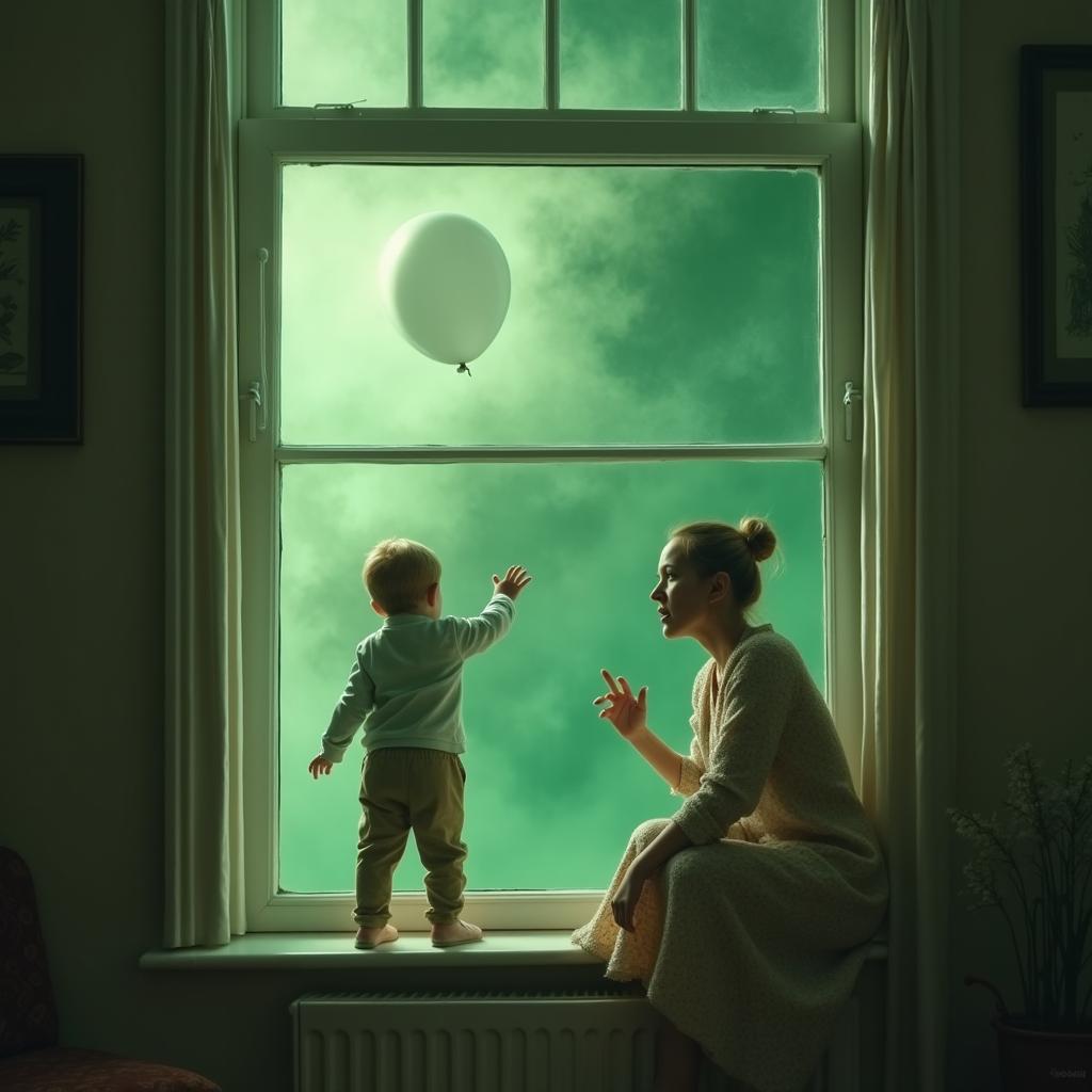 A window in a charming house reveals a thick green fog swirling ominously outside