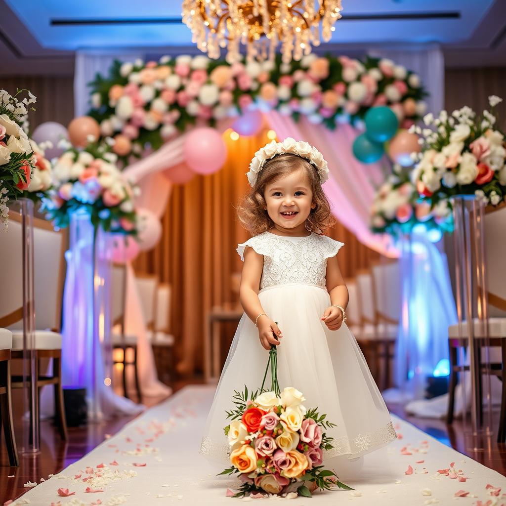 A beautifully decorated indoor ceremony setting, adorned with elegant floral arrangements and soft, warm lighting