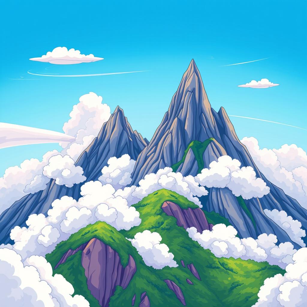 A vibrant cartoon illustration of high mountain peaks rising above fluffy, white clouds