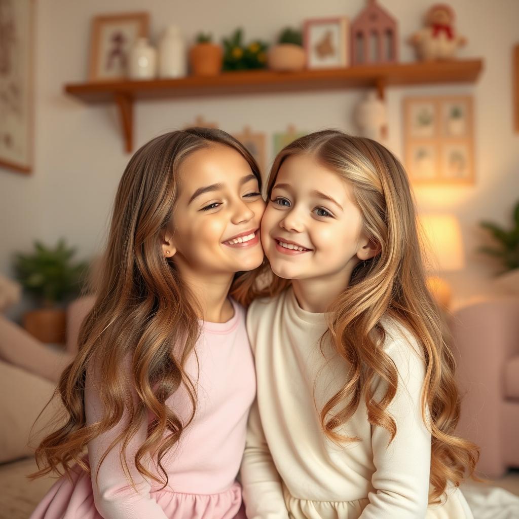 A tender moment between two sisters sharing a gentle kiss on the cheek, capturing their affection and bond