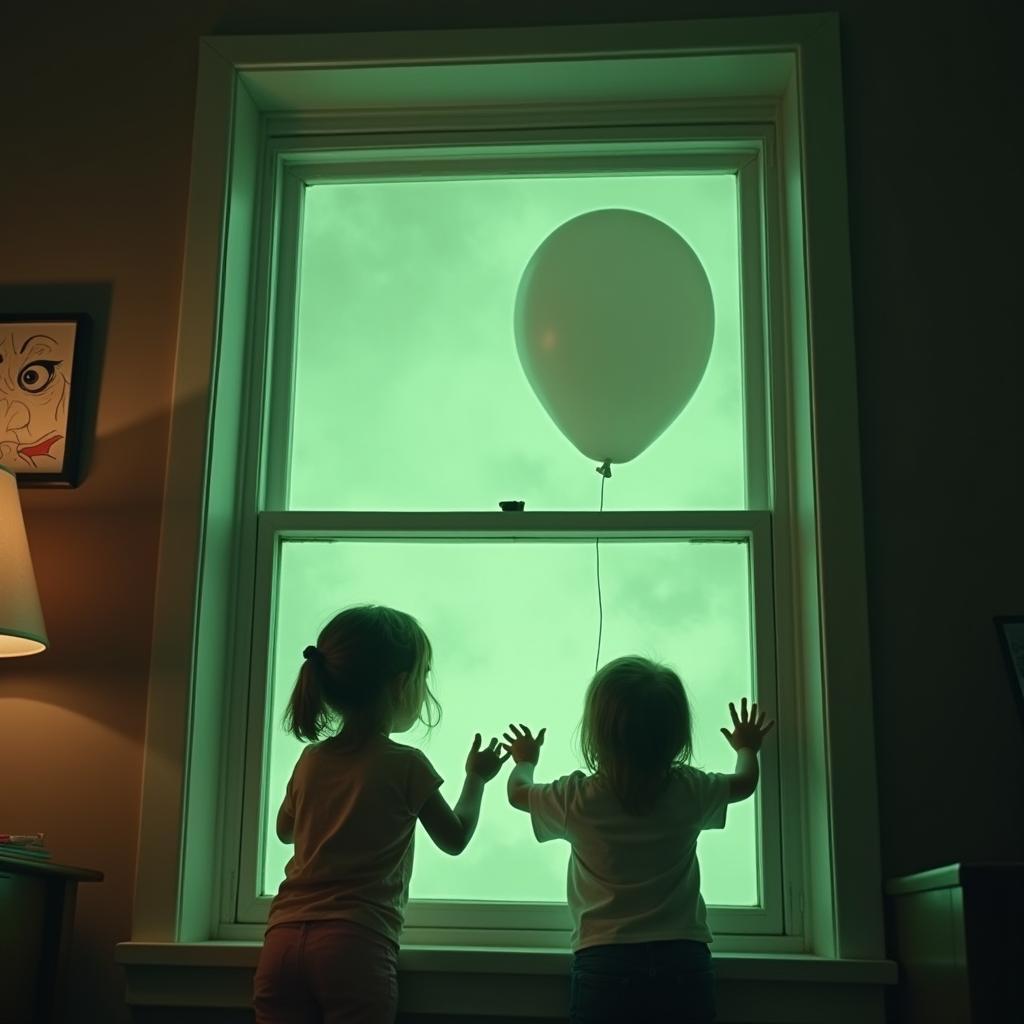 A window in a quaint house reveals an ominous green fog swirling outside, initiating a sense of unease