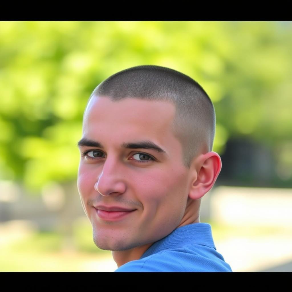 A person with a buzz cut hairstyle, showcasing a clean and well-groomed look