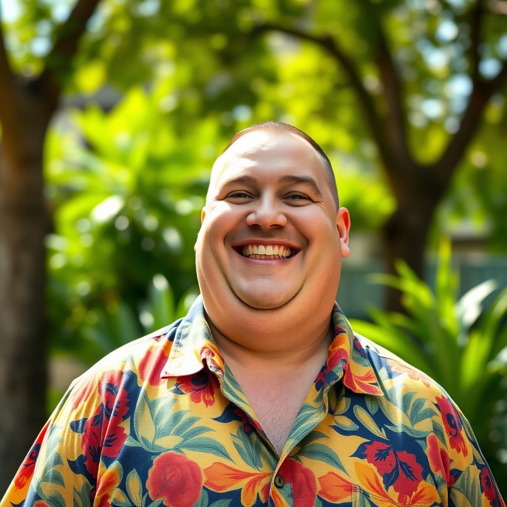 A jovial and hefty man with a round face and a neat buzz cut hairstyle, wearing a colorful casual shirt, standing in a bright outdoor setting, surrounded by lush greenery and sunlight, giving a cheerful smile, exuding warmth and friendliness