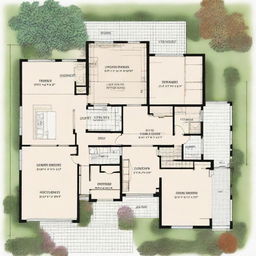 A house plan showcasing a simplistic design featuring three bedrooms, a kitchen connected to the dining room, and entrances from both the front and the back of the house.