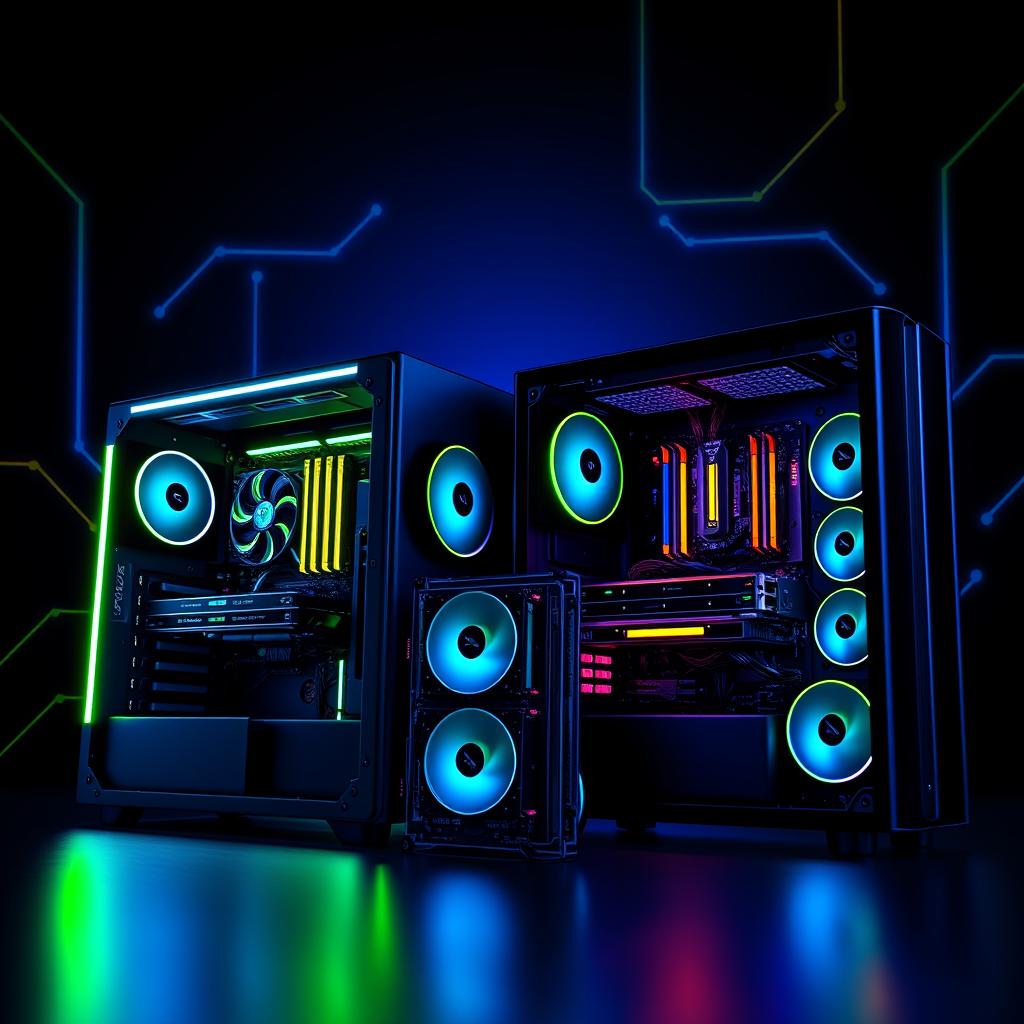 A high-tech promotional image for a computer repair and gaming PC business