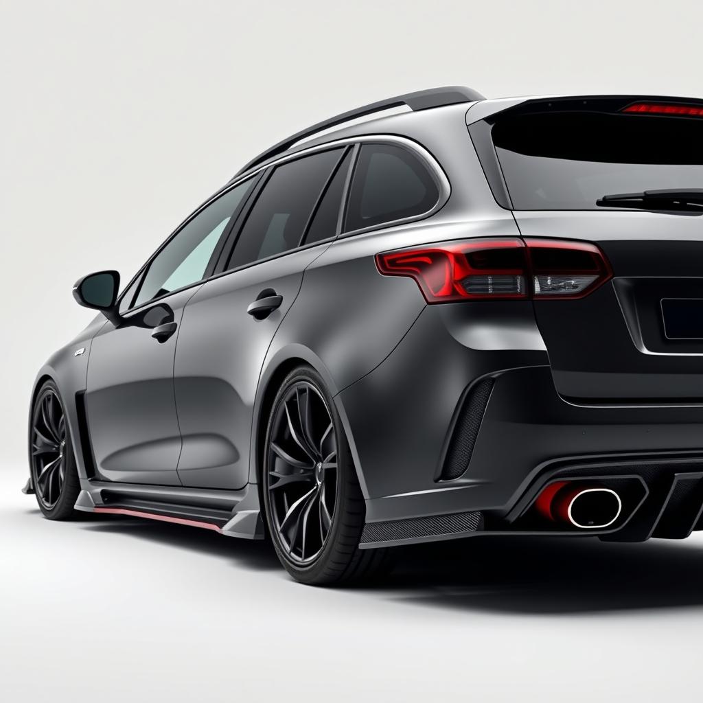 An ultra-realistic photograph of a dark grey Citroën C5 Tourer featuring a full sporty body kit