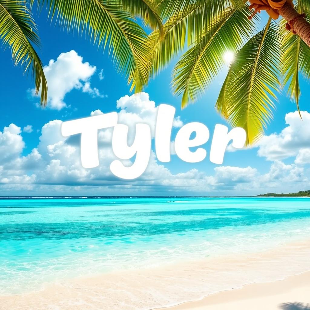 A beautiful tropical beach scene featuring soft white sands and clear turquoise waters lapping gently at the shore