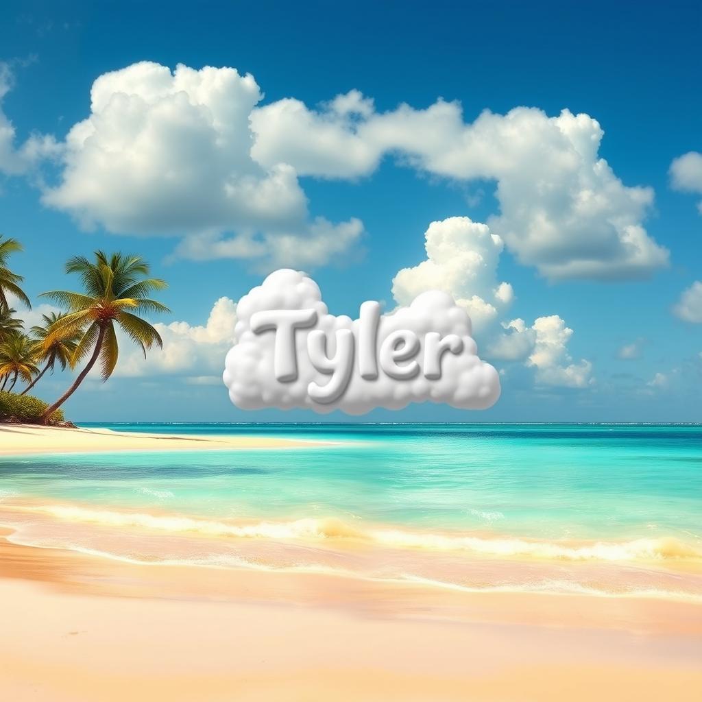 A serene tropical beach scene featuring soft golden sandy shores and crystal-clear turquoise waters