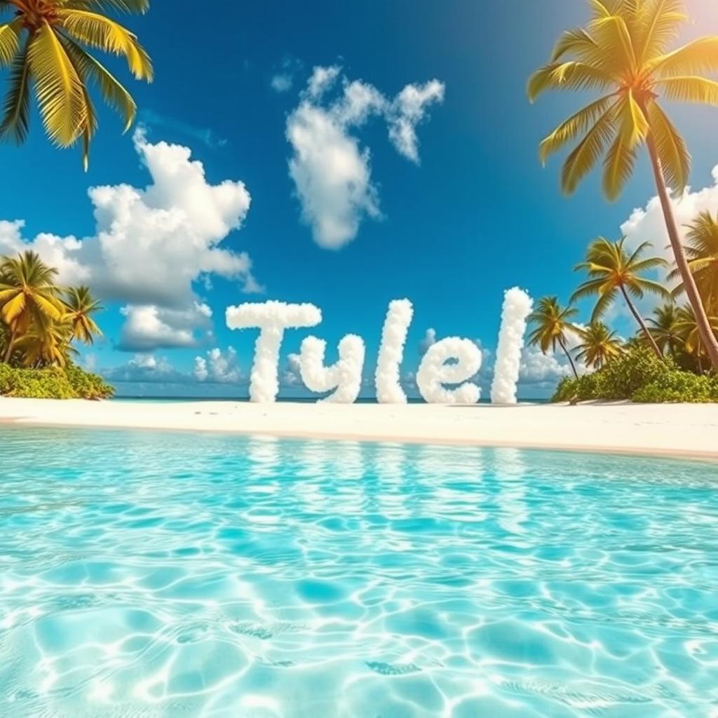 A stunning tropical beach scene featuring soft white sand and clear, turquoise waters gently lapping at the shore