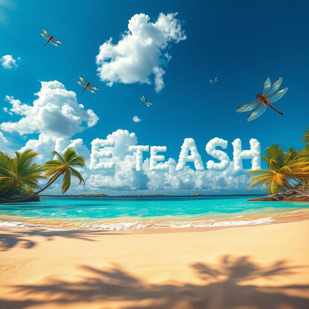 A vibrant tropical beach scene featuring soft, golden sand and shimmering turquoise waters