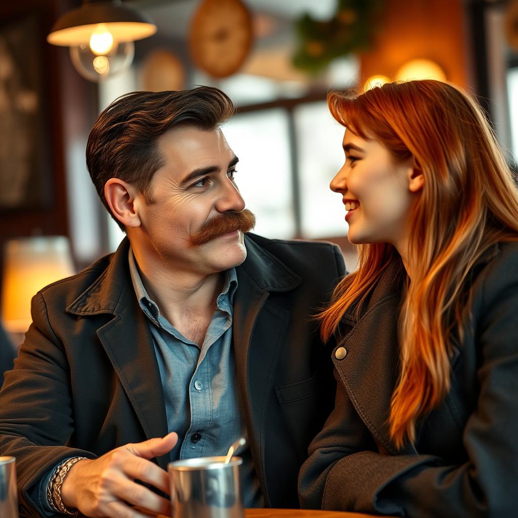 A handsome and strong man in his 40s with a thick mustache engaging in a conversation with a young red-haired woman who is 20 years old
