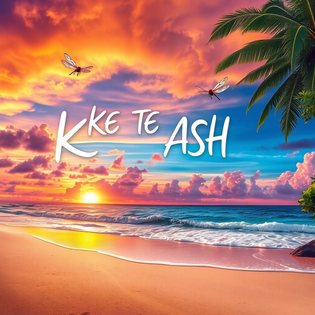 A breathtaking tropical sunset beach paradise scene, showcasing a vibrant sky filled with shades of orange, pink, and purple as the sun dips below the horizon
