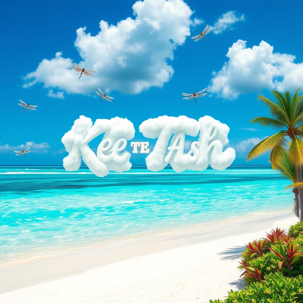 An idyllic tropical beach paradise scene, showcasing pristine white sands and crystal-clear azure waters under a dazzling blue sky