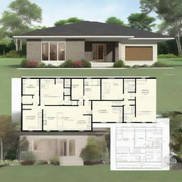 A house plan showcasing a simplistic design featuring three bedrooms, a kitchen connected to the dining room, and entrances from both the front and the back of the house.