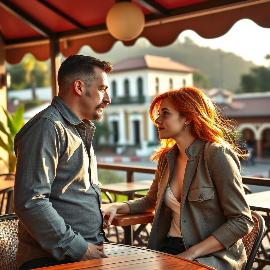 A handsome and strong man in his 40s with a thick mustache engaging in a conversation with a young 20-year-old woman with vibrant red hair, set in the picturesque town of Paraty, Brazil