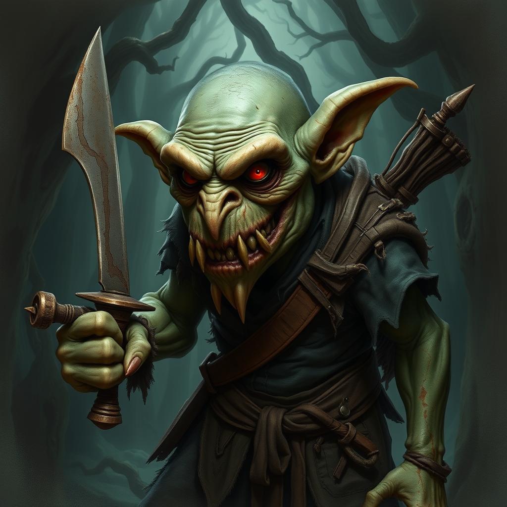 A terrifying goblin, embodying the essence of a nightmare creature, features grotesque, exaggerated facial traits such as a long, pointed chin, sharp, jagged teeth, and bulging, malevolent red eyes