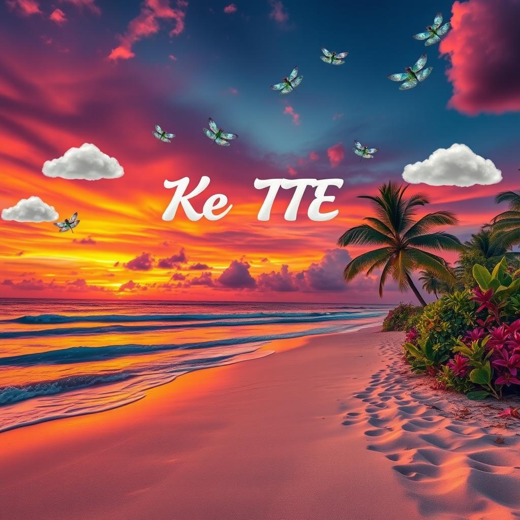 A captivating tropical sunset paradise scene, showcasing a glorious sunset with vibrant hues of orange, pink, and purple blending seamlessly in the sky