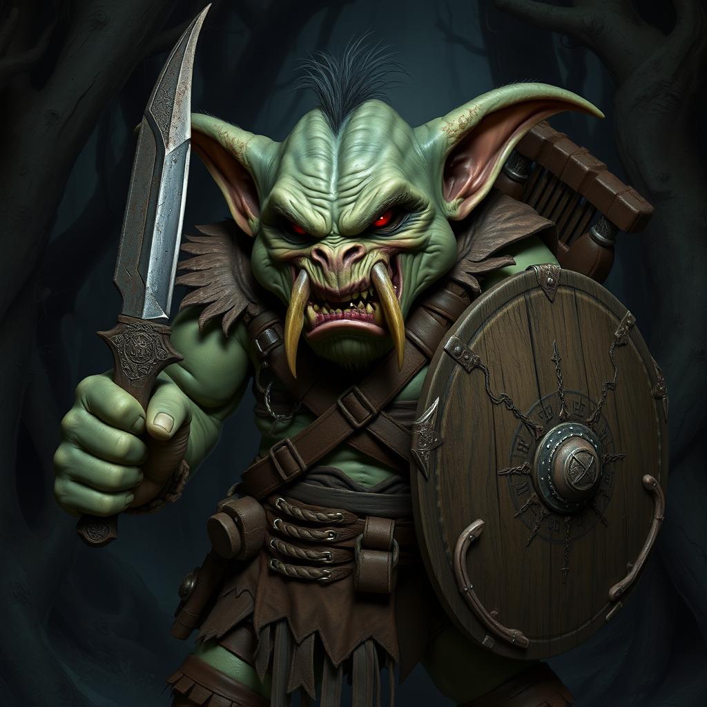 An imposing hobgoblin, showcasing a nightmarish appearance with large, angular features, a snarl revealing sharp tusks, and glowing red eyes filled with malice