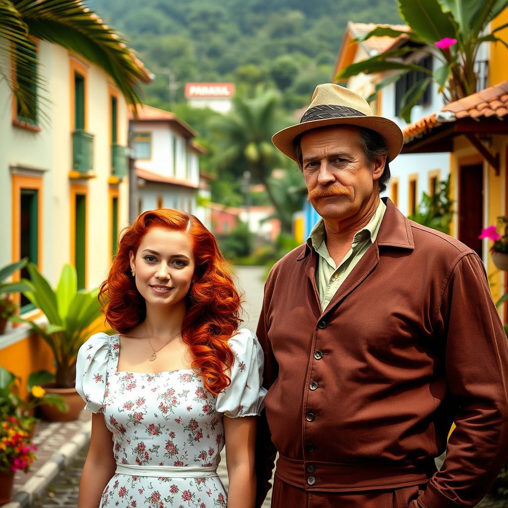 A handsome, strong, and tall 40-year-old man with a thick mustache, standing next to a young 20-year-old red-haired lady in a beautiful Brazilian landscape