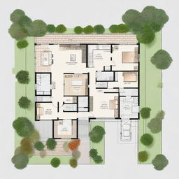 A single-floor small house plan featuring three bedrooms, a kitchen directly connected to the dining room, and a front and back entrance