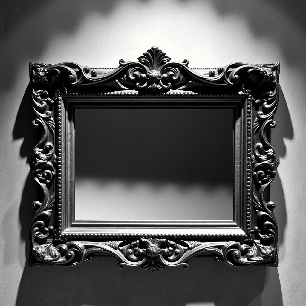 A classical black and white picture frame, intricately designed with ornate details, showcasing an elegant vintage aesthetic