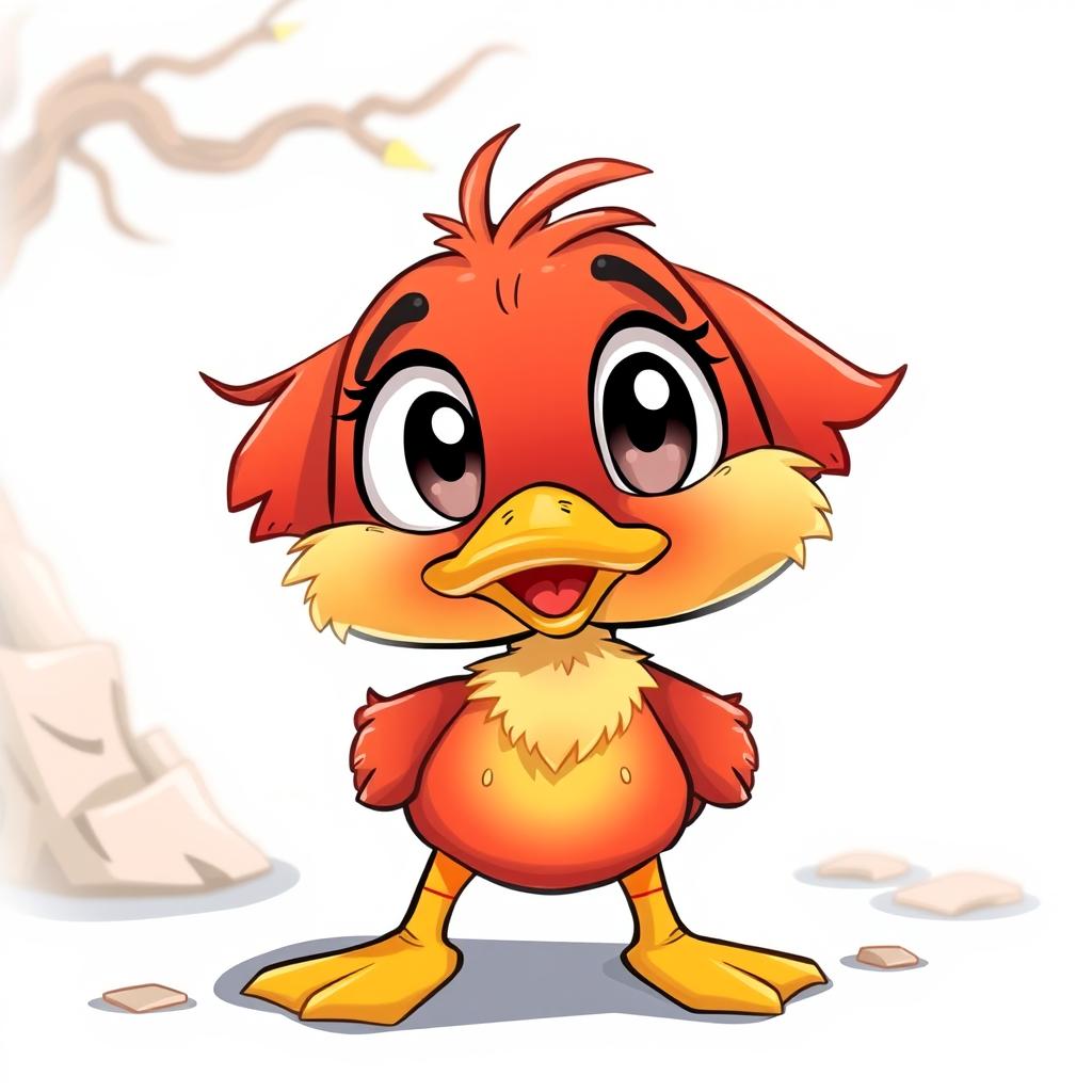 A 90s-style cartoon drawing of Stepano, a cute and curious red-yellowish duck with a fluffy body and large, expressive eyes that convey his sense of curiosity and adventure