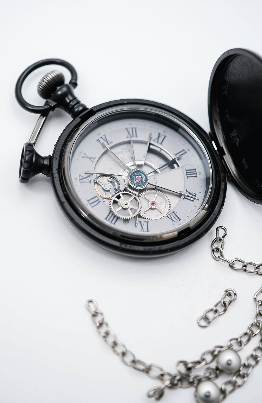 A close-up view of a broken pocket watch, featuring intricate details of its cracked glass and exposed gears