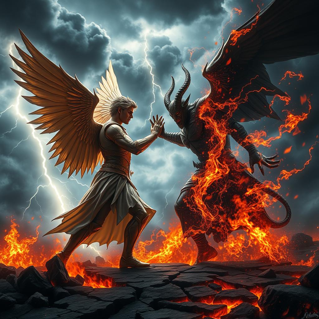 A dramatic and intense scene depicting Lucifer and Satan engaged in a fierce battle, standing on a fiery battlefield with dark clouds swirling above