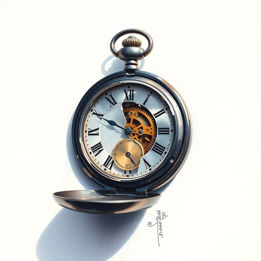 An artistic rendition of a broken pocket watch, featuring a sleek black casing with intricate details of its cracked glass and exposed gears, depicted in a painterly style reminiscent of classic oil paintings