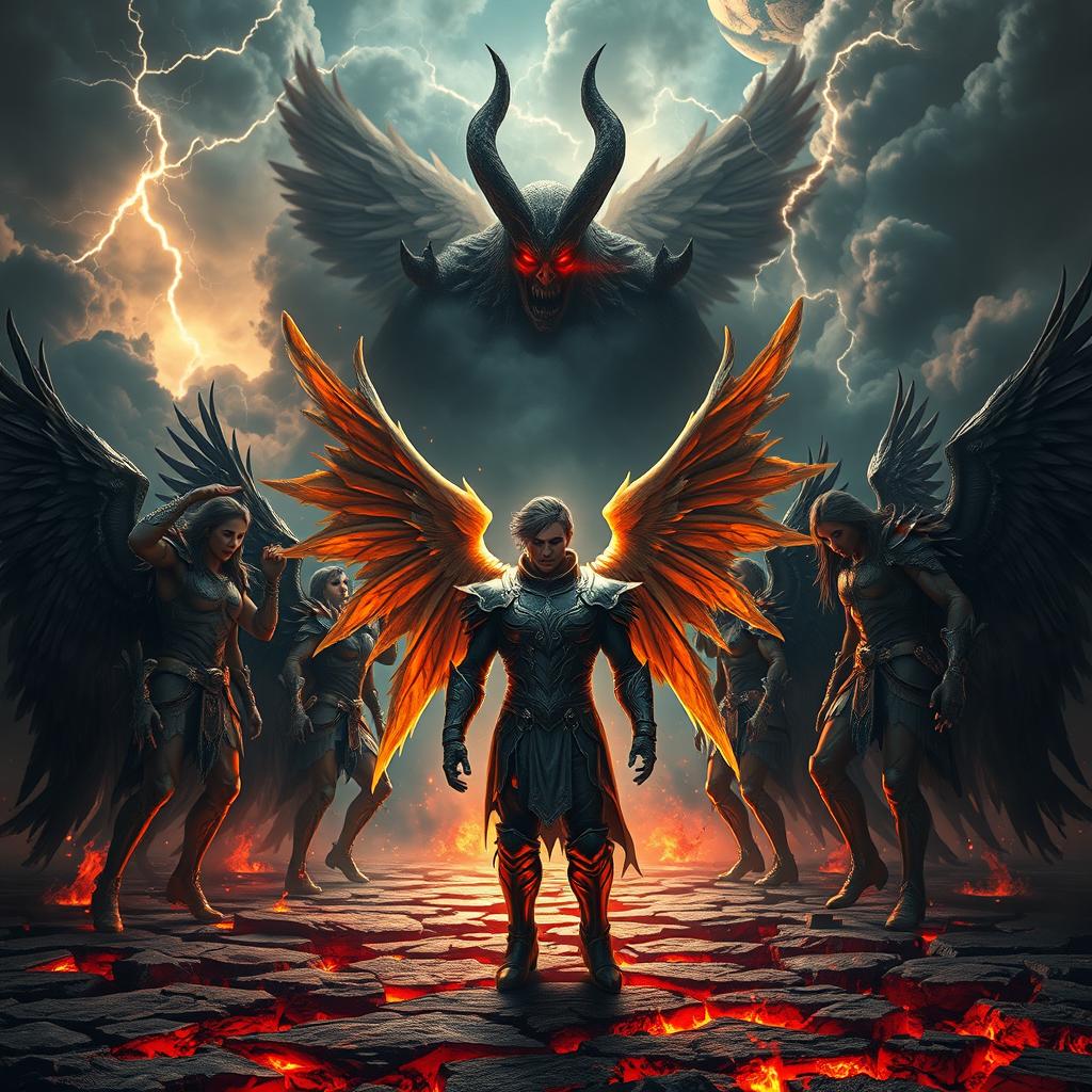 An epic and visually stunning scene featuring Lucifer and a group of fallen angels facing off against Satan in a dramatic confrontation