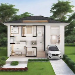 A single-floor small house plan featuring three bedrooms, a kitchen directly connected to the dining room, and a front and back entrance