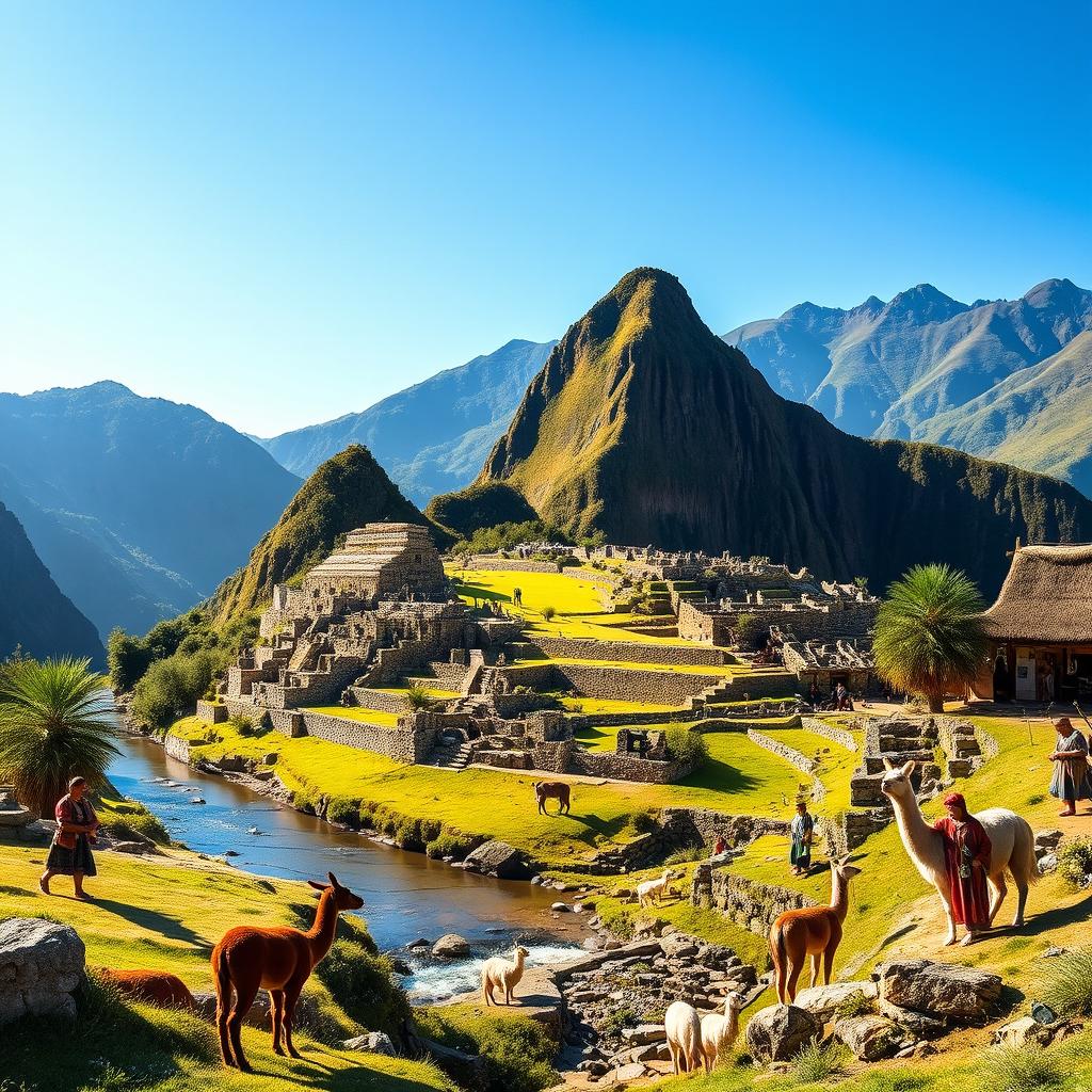 A majestic view of an ancient Inca empire landscape, showcasing the grand architecture of stone temples and terraced mountains in the background