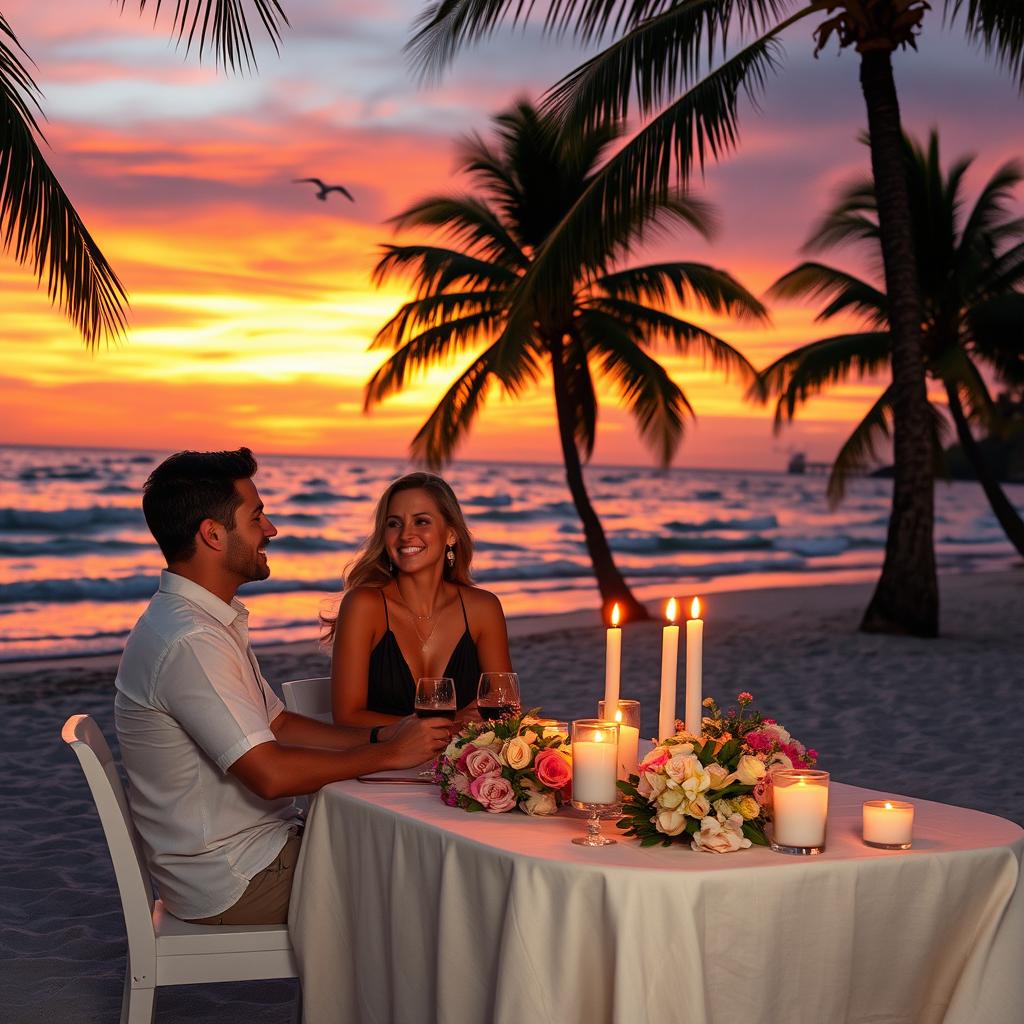 A cozy beachside scene featuring a couple enjoying a romantic sunset dinner with soft lighting and gentle waves lapping at the shore