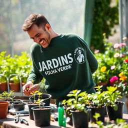 A man wearing a dark green sweater with 'JARDINS - FOLHA VERDE' printed on the back and a gardener logo