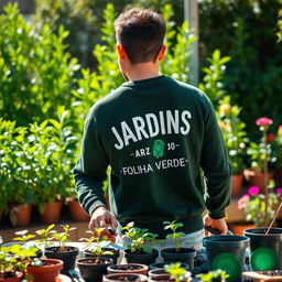 A man wearing a dark green sweater with 'JARDINS - FOLHA VERDE' printed on the back and a gardener logo