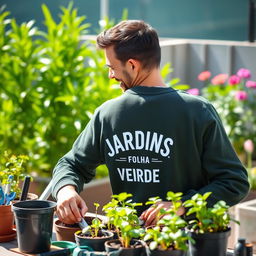 A man wearing a dark green sweater with 'JARDINS - FOLHA VERDE' printed on the back and a gardener logo