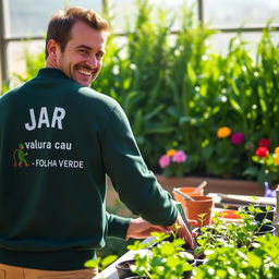 A man wearing a dark green sweater with 'JARDINS - FOLHA VERDE' printed on the back and a gardener logo