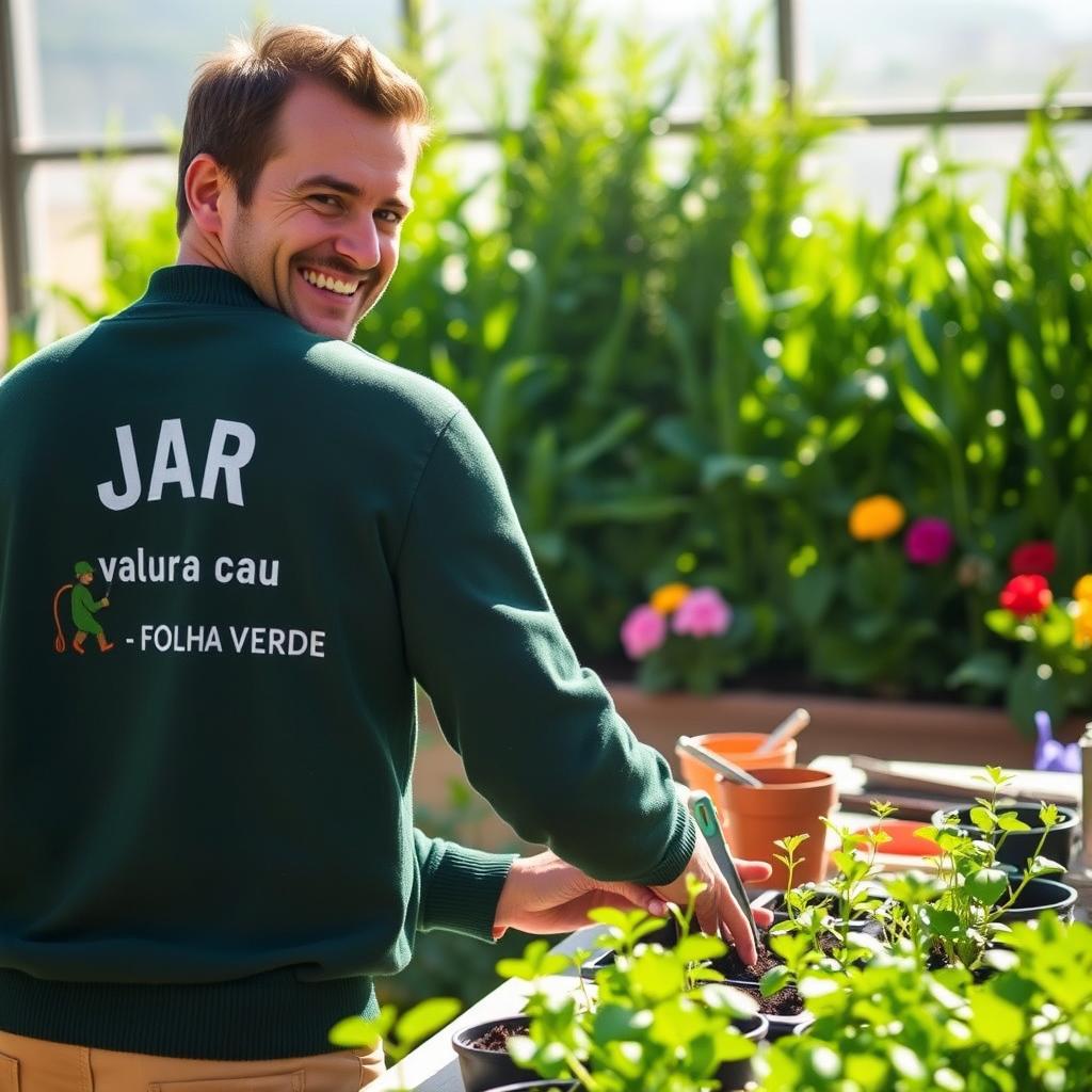 A man wearing a dark green sweater with 'JARDINS - FOLHA VERDE' printed on the back and a gardener logo