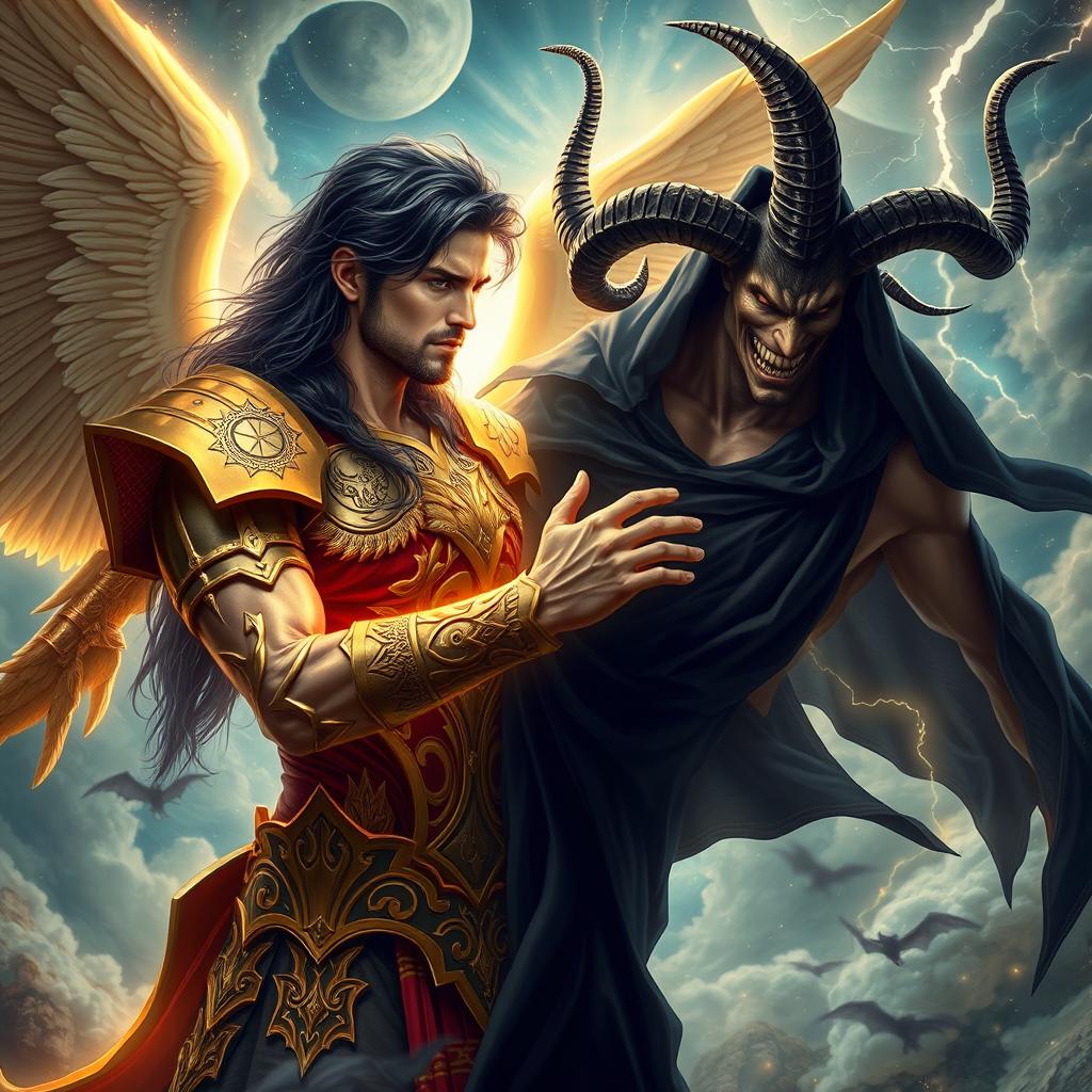 An epic confrontation between Lucifer, depicted as a majestic, handsome figure with long dark hair and striking features, bathed in a celestial glow, wearing intricate golden armor adorned with angelic motifs