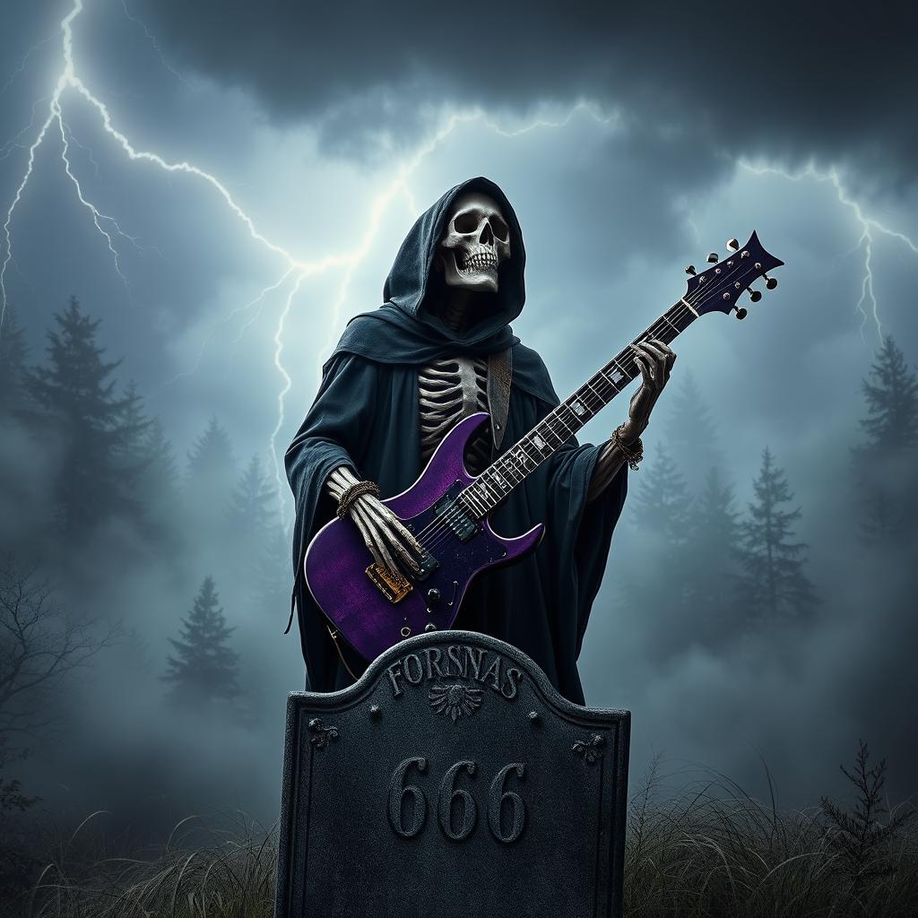 A full-height photorealistic grim reaper in pain, with a skeletal face and tattered dark robes, holding a striking purple ESP Eclipse guitar with black pickups and bronze hardware, featuring the number 666 on the bottom