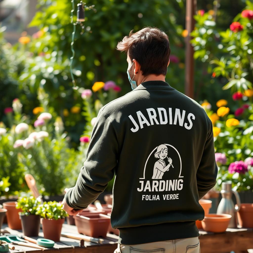 A man wearing a dark green sweater with 'JARDINS - FOLHA VERDE' printed on the back along with a gardener logo