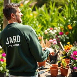 A man wearing a dark green sweater with 'JARDINS - FOLHA VERDE' printed on the back along with a gardener logo