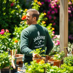 A man wearing a dark green sweater with 'JARDINS - FOLHA VERDE' printed on the back along with a gardener logo