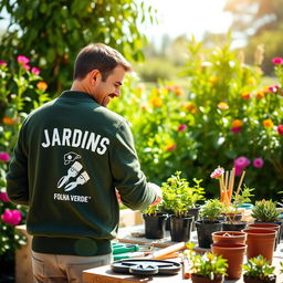 A man wearing a dark green sweater with 'JARDINS - FOLHA VERDE' printed on the back along with a gardener logo
