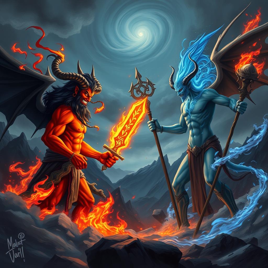 An epic battle scene depicting Satanas and Shaitan confronting each other